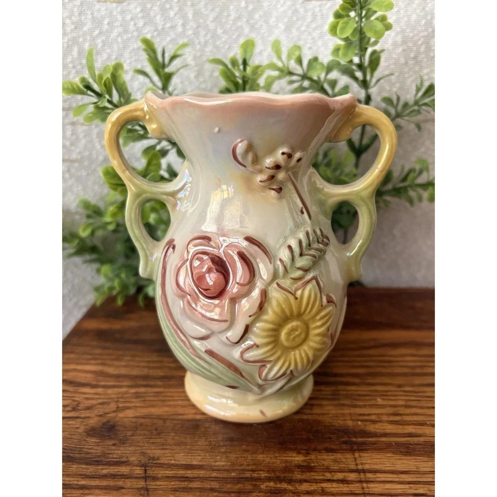 Vintage Floral Vase Made in Brazil Double Handle Art Pottery Rose Relief MCM